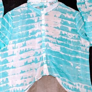 MILLAU EDGY ACID WASH TURQUOISE SHEER SHARK-BITE TOP, OVERSIZED LONG SLEEVE Sz.M